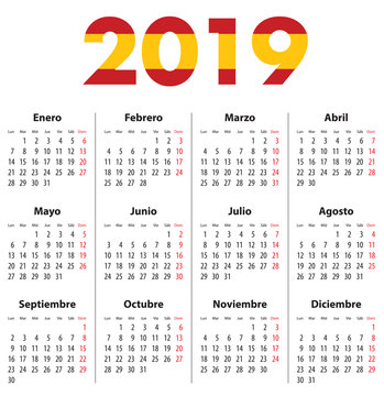 Spanish Calendar for 2019. Mondays first