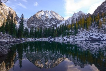 Turquoise lake and snow covered mountain reflection in autumn