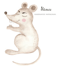 Watercolor cartoon mouse. Illustration of a cute forest animal on a white background. Perfect for children's posters, postcards, invitations.