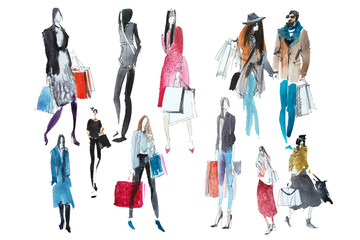 Fototapeta na wymiar Hand drawn watercolor people with shopping bags. Fashion, sale, autumn.