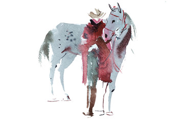 Woman and horse watercolor illustration © undrey