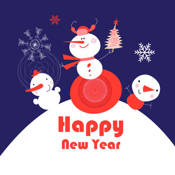 Bright New Year card with snowmen