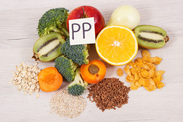 Natural products containing vitamin PP, dietary fiber and minerals, healthy nutrition concept