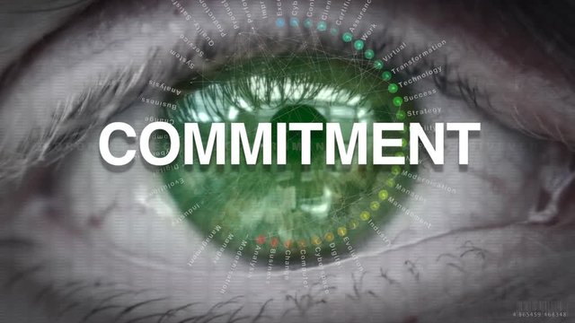 Close up of an eye focusing on Commitment concept on a futuristic screen.
