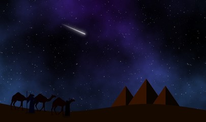 Pyramids at night with meteor and two beduins