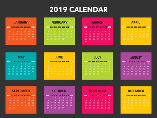 Calendar 2019. Colorful set, Set Desk and wall Calendar template design with space for Photo and Company Logo. Week Starts on Sunday. Set of 12 Months. vector illustration