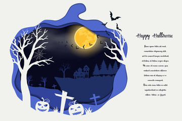 Paper art Halloween with scary pumpkins and full moon on blue background