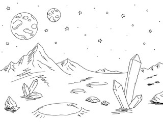 Alien planet graphic black white space landscape sketch illustration vector