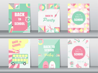 Set of Back to school card on retro pattern,school,bus,Memphis,geometric,Vector illustrations
