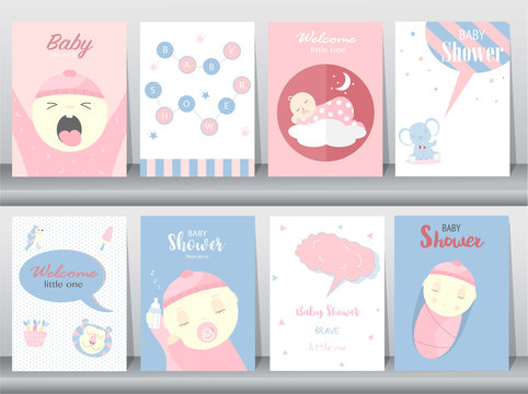 Set of baby shower invitations cards, poster, greeting, template, animals,cute, Vector illustrations 