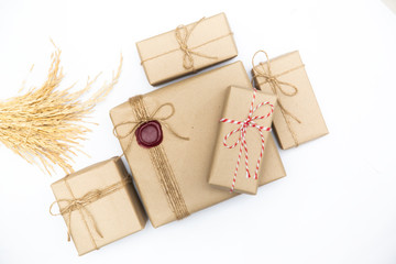 Gift box in vintage brown color on isolated white background.