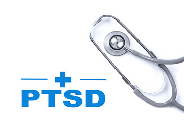 Page with PTSD - post traumatic stress disorder. War veteran mental health issue on the table with stethoscope, medical concept.
