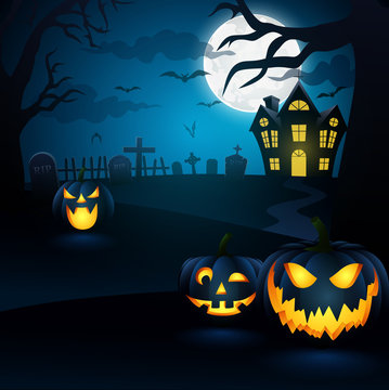 Halloween background. Spooky forest with dead trees and pumpkins,vector illustration