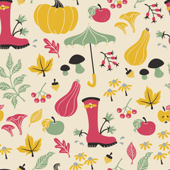Obraz premium Seamless Autumn Pattern with Pumpkin, Umbrella and Leaves.