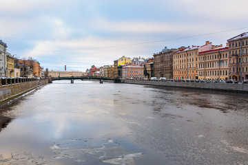 Embankment of Fontanka River and Krasnoarmeysky bridge in Saint Petersburg, Russia