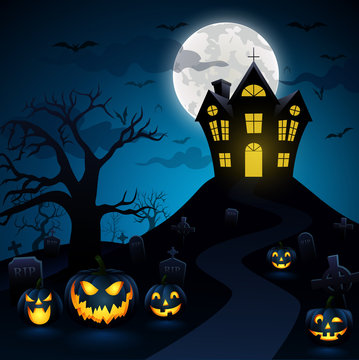 Halloween night with a pumpkin in the background of a blue moon.vector illustration