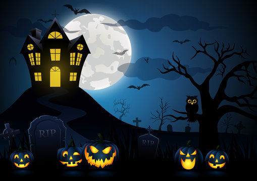 Halloween pumpkin and spooky house with blue moon background,vector illustration