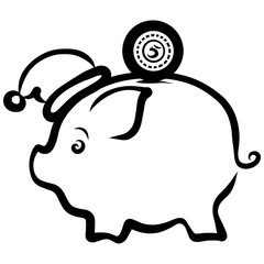 Piggy bank in a Christmas hat and a round coin