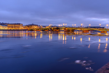 View of Annunciation Bridge and Admiralty embankment at night. Saint Petersburg. Russia