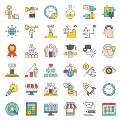 start up and success entrepreneur related icon such as mindset, launching start up, vision, time management, skills development, crowdfunding and marketing research, outline editable stroke icon 