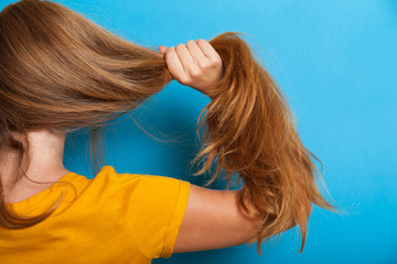 Fototapeta premium Woman hair problem concept, healthy long brunette.
