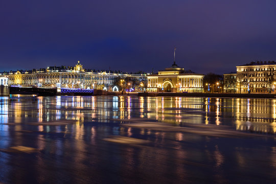 View of Admiralty embankment at night. Saint Petersburg. Russia