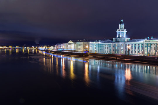 View of Universitetskaya Embankmen at night. Saint Petersburg. Russia