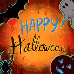 Happy Halloween ghost bat pumpkin and spider are friends under the moonlight, Hand drawn Halloween sign concept.