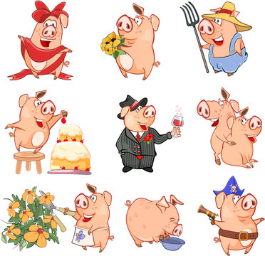 Set of Cartoon Illustration. Cute Pigs in Different Poses for you Design. Cartoon Character