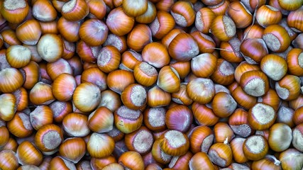 Hazelnuts. Food background, photo wallpaper.