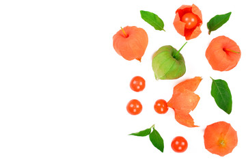 physalis with leaves isolated on white background with copy space for your text. Top view. Flat lay pattern