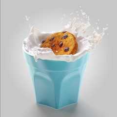 3d render of tasty cookie with raisins falling in a blue glass full of milk