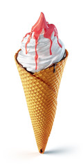 3d render of white tasty ice cream cone covered with sweet red jam topping