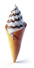 3d render of white tasty ice cream cone covered with liquid chocolate topping