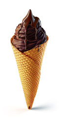 3d render of chocolate tasty ice cream cone covered with liquid brown topping