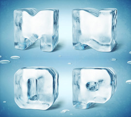 3d render of shiny frozen ice cube letters.