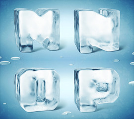 3d render of shiny frozen ice cube letters.
