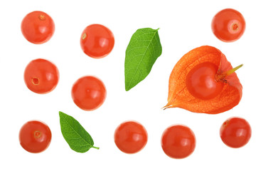 physalis with leaves isolated on white background with copy space for your text. Top view. Flat lay pattern