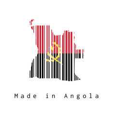 Barcode set the shape to Angola map outline, red and black with the Machete and Gear Emblem on white background with text: Made in Angola. concept of sale or business.