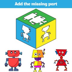 Puzzle game. Visual Educational Game for children. Task: find the missing parts. Worksheet for preschool kids. Vector illustration