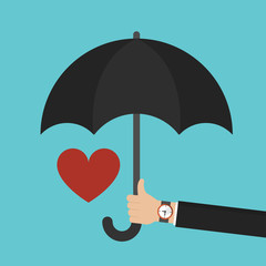 Businessman hand holding an black umbrella for protecting the heart. Flat design vector illustration