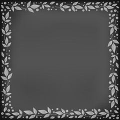 Square chalkboard background with decorative frame of white leaves and dots for decoration, wedding, invitation, greeting card, text, chalk lettering, restaurant, bar, cafe, greeting, banner