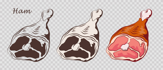 Ham hock. Pork knuckle isolated on the pseudo transparent background. Meat on the bone. Set of outline, black and white, colored images. Vector illustration. Icon, emblem, logo element.