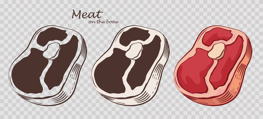 Meat chunk on the bone. Steak isolated on the pseudo transparent background. Slice of pork. Set of outline, black and white, colored images. Vector illustration. Icon, emblem, logo element.