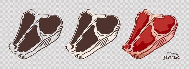 T-bone steak. Piece of meat isolated on the pseudo transparent background. Cut of beef. Set of outline, black and white, colored images. Vector illustration. Icon, emblem, logo element.