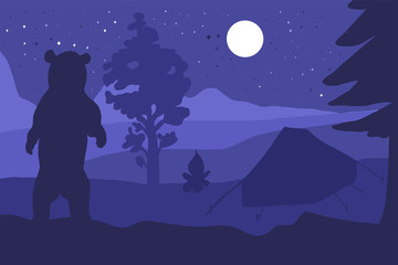 Obraz premium Walking Bear In Forest Mountain Camp at night