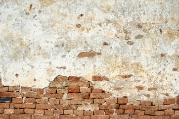 Old white wall cracked brick surface background : Close up