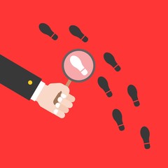Hand holding magnifying glass over footprint, investigate concept flat design