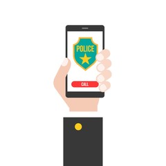 business hand holding smart phone calling police 911 from application, flat design