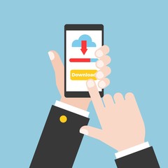 business hand holding smart phone and touch on touch screen download data from cloud computing, flat design, concept